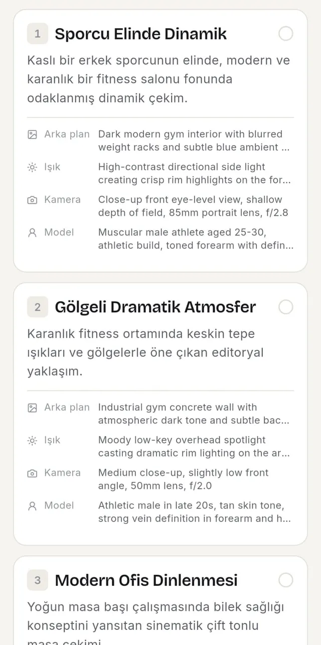 Üç farklı sahne önerisi, her biri ışık ve kamera ayrıntısıyla