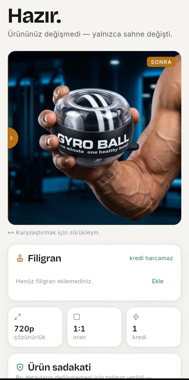 Sonuç ekranı: önce/sonra sürgüsü, filigran ve çıktı ayarları